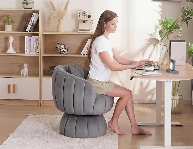Mid Century Modern 360 Degree Barrel Swivel Accent Sofa ChairFluffy Velvet Fabric Lounge Wide Upholstered Pumpkin Reading Chair Round Cloud Armchair for Living RoomBedroomVanity(Gray)