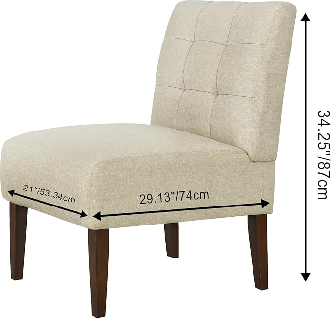 Slipper Accent Chair Modern Armless Lounge Chair with Wood Legs Upholstered Makeup Vanity Tufted Side Chair Fabric Comfy with Decor Back for Living Room Bedroom Patio (Pin Back Beige)