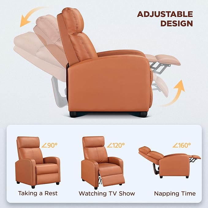 Yaheetech Home Theater Seating Faux Leather Recliner Chair Modern Single Living Room Reclining Sofa with Pocket Spring Tan
