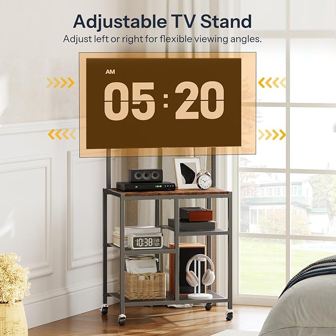 HOOBRO Small TV Stand with Wheels and Mount for 50 Inch TVs Mobile Rolling TV Stand with Storage Shelves Small Entertainment Center for Living Room Bedroom Study Rustic Brown BF37DS01