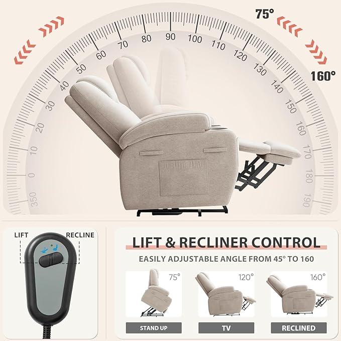 Flamaker Power Lift Chair Massage Recliner Chairs for Elderly - Ergonomic Design with Cup Holders &amp Side Pockets Remote Control (Beige)