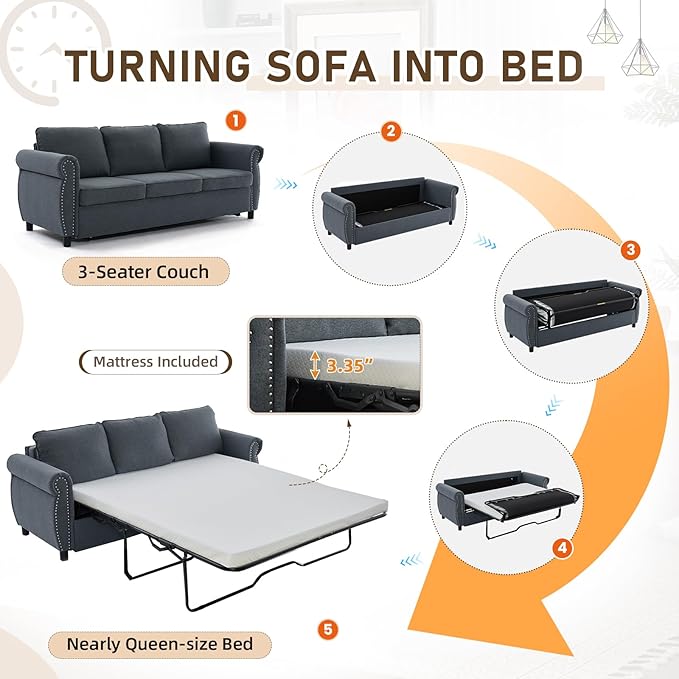 Pull Out Sofa Bed with Mattress Included Convertible Futon Oversized Chenille 3 Seater Loveseat Sleeper Sofa Couch Bed with Rivet Decoration &amp Rolled Arms for Guest Room Office Living Room Grey