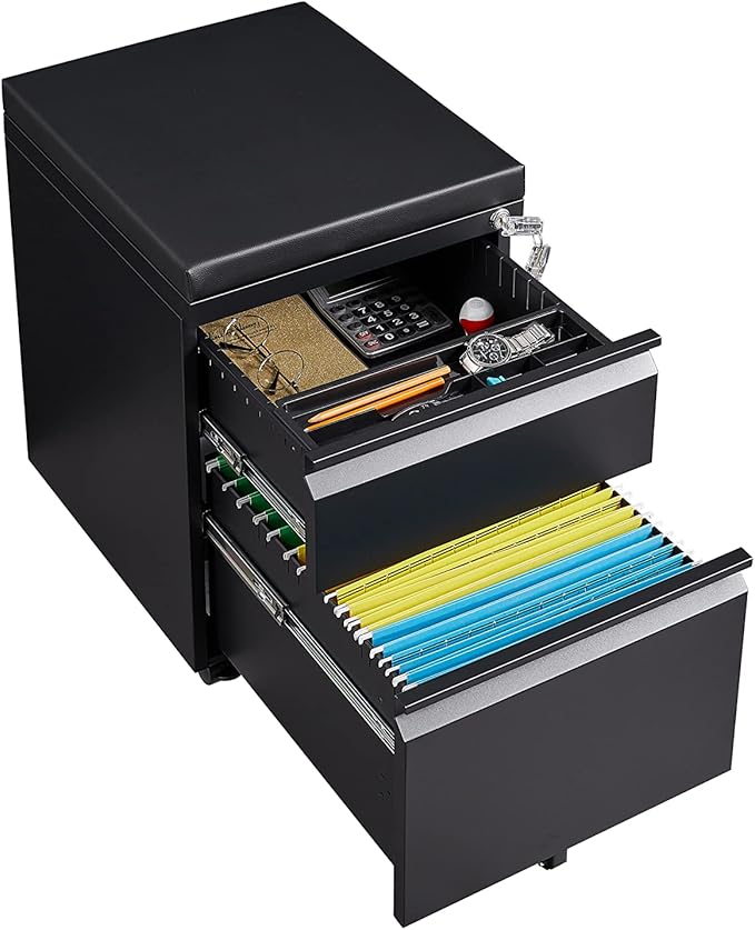 Mobile File Cabinet 2-Drawer Pedestal with Lock for Storage Use for Home Office and Business EnterpriseLegal/Letter Size Blackwith 5 Wheelswith Leather Cushion