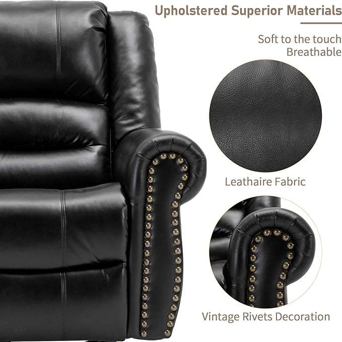 Manual Massage Swivel Rocker Recliner with Heat and Vibration 360° Swivel Glider Rocking Recliner Chair Classic Living Room Lounge Recliners with Side Pockets &amp USB Ports Black