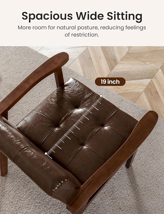Mid Century Modern Accent Chairs for Living Room Comfy Bedroom Chairs for AdultsSmall Wide Reading Nook Arm Chair 105° Ergonomic Cozy Brown Leather Armchair with Rubber Wood