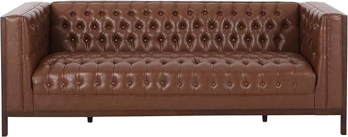 Merax 79 Inch Modern 3-Seater Sofa Button Tufted Upholstered Couch with Tuxedo Arms &amp Rubberwood Frame Low Profile Mid-Century Sofa for Living Room Light Brown