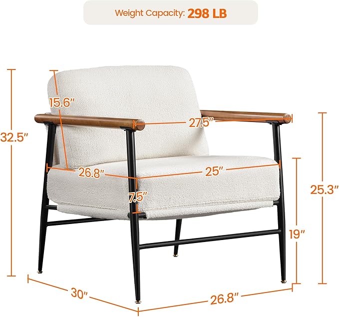 Topeakmart Mid-Century Boucle Accent Chair Reading Chair with Stylish Boucle Fabric Lounge Chair with Ultra-Long Armrest and Extra-Wide Seat for Living Room Lounge Office Ivory