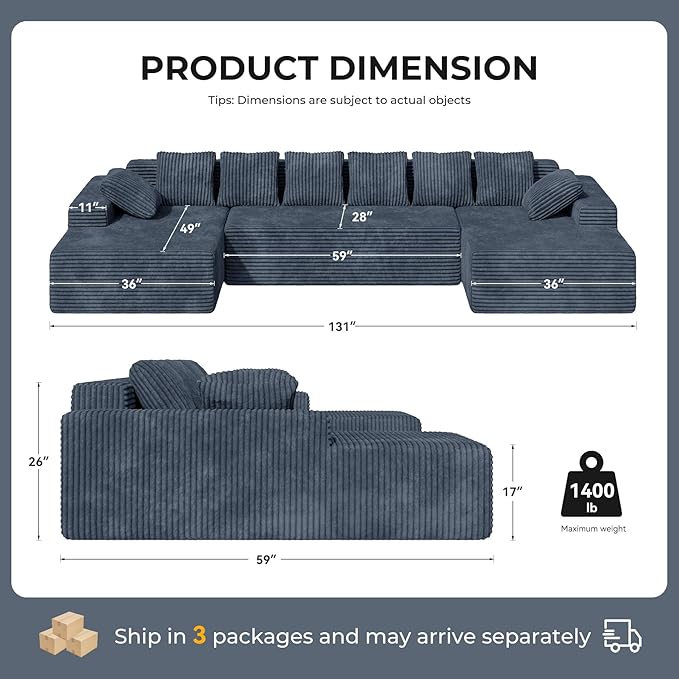 131'' Modular Sectional Cloud Sofa U-Shaped Boneless Couches with Chaise Lounge Deep Seat with 8 pcs Pillows Fluffy Memory Foam(No Assembly Required)
