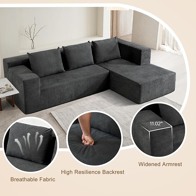 ANONER 103” Cloud Sectional Sofa L-Shaped Boneless Couch Modern Minimalist Modular Free Combination Foam Sofa with Deep Seat for Living Room No Assembly Required Dark Grey