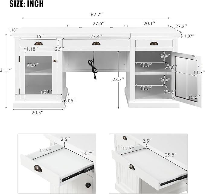 67 Modern White Executive Desk Computer Desk with 2 Glass-Door Cabinets &amp 3 Drawers White Home Office Desk Writing Table with USB Ports Study Workstation for Living Room (White+Glasses)