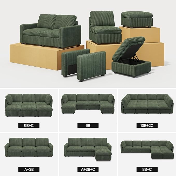 Belffin Ottoman Seat with Storage for Modular Sectional Sofa Storage Ottoman Bench Footrest for Living Room Corduroy Sectional Couch Green