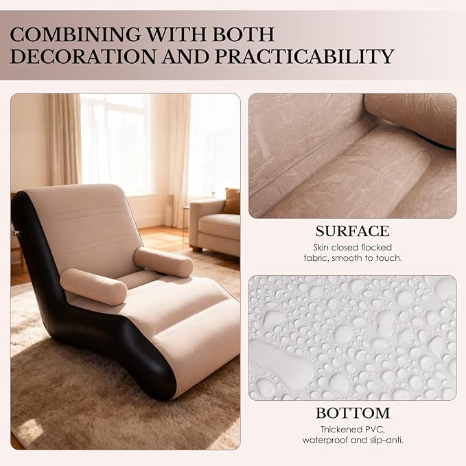 Inflatable Deck Chair with Air Pump Foldable Lounge Chair for Bedroom and Living Room Indoor Sofa Lounge with Handrails(Brown)