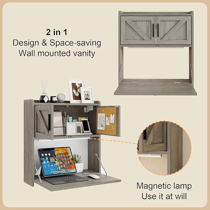 ARTETHYS Wall Mounted Desk with LED Light Farmhouse Multifunctional Fold Down Laptop Computer Table Writing Workstation with Storage Compartments Space Saving for Home Office Gray