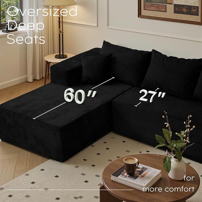 103 L Shaped Sectional Boneless Couch for Living Room Modern Modular Cloud Sofa with Left Facing Chaise Comfy Deep Seat Memory Foam Couch in Box No Assembly (1CM Wide Striped Corduroy Black)