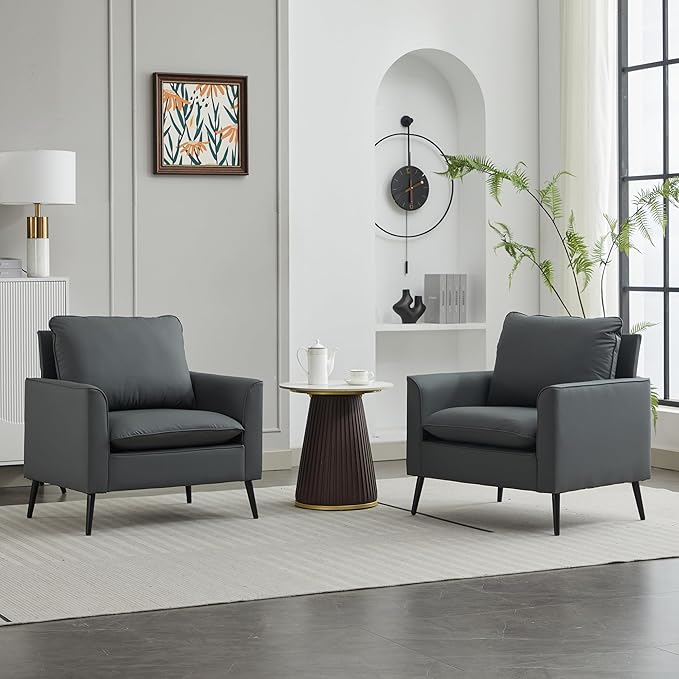 YITAI Modern Accent Living Room ChairsFaux Leather Oversized Single Sofa Chair with Metal Legs Mid Century Comfy Armchair for Bedroom/Office Reading/Lounge/Office/Reception2PCGray