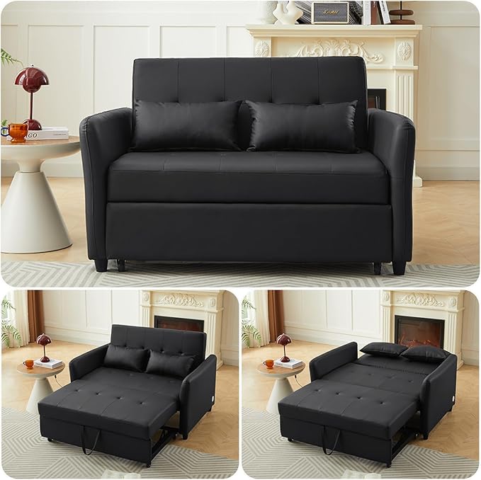 Black Convertible Sofa Bed 3-in-1 Sleeper Sofa with Pull-Out Bed PU Leather Futon Couch with Adjustable Backrest USB Port for Living Room Bedroom Apartment RV (Black)
