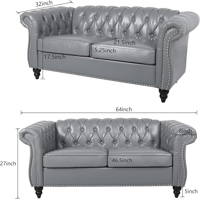 RARZOE Traditional Chesterfield PU Loveseat Sofa Modern Vintage Chesterfield Button Tufted Faux Leather Couch with Nailhead Trim Scrolled Arms for Living Room Bedroom Office(Grey)