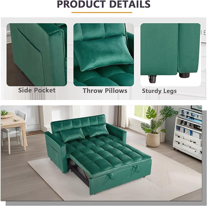 3 in 1 Pull Out Couch Bed Convertible Futon Sofa Bed Velvet Sleeper Loveseat for Small Living Room Adjustable Backrest Comfy Pillows Side Pocket (Green)