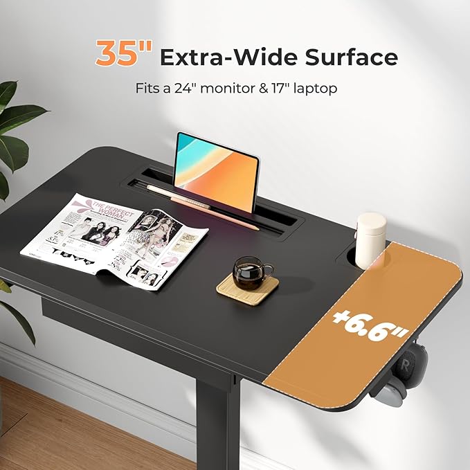 Mobile Standing Desk with Drawer 35 Small Standing Desk with Cup Holder Rolling Laptop Cart on Wheels Height Adjustable Table with Storage for Home Office Black