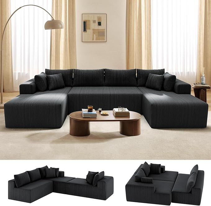 Cloud Couch U-Shaped Sectional Sofa 134'' Modular Boneless Couches for Living Room Corduroy Deep Seat Sofa with 2 Chaise Lounges and 1 Loveseat 30D High-Resilience Foam No Assembly Black