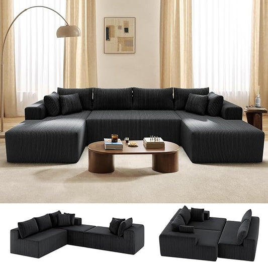 Cloud Couch U-Shaped Sectional Sofa 134'' Modular Boneless Couches for Living Room Corduroy Deep Seat Sofa with 2 Chaise Lounges and 1 Loveseat 30D High-Resilience Foam No Assembly Black