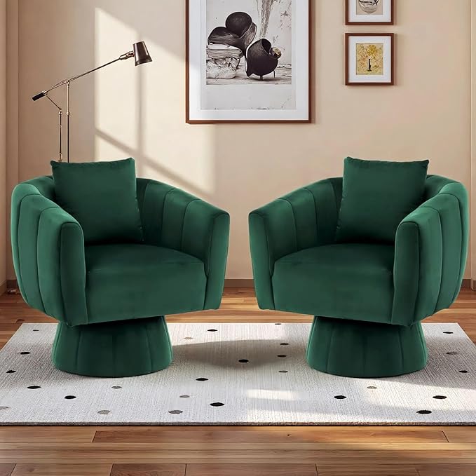 Swivel Accent Chair Set of 2 Modern 360°Swivel Barrel ChairComfy Velvet Fabric Living Room Chair with Fluffy CushionsUpholstered Armchair for Living RoomBedroomLounge (Green)