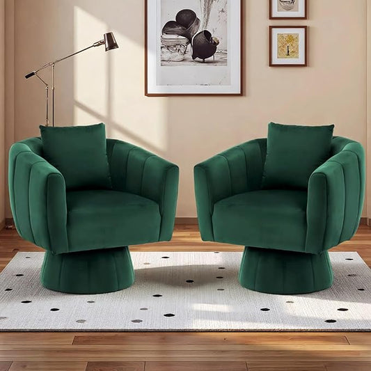 Swivel Accent Chair Set of 2 Modern 360°Swivel Barrel ChairComfy Velvet Fabric Living Room Chair with Fluffy CushionsUpholstered Armchair for Living RoomBedroomLounge (Green)