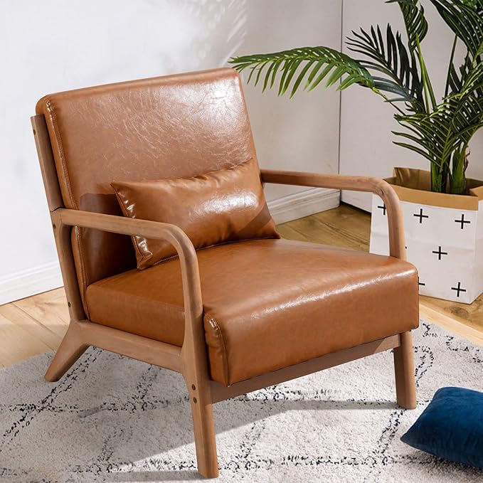 INZOY Mid-Century Modern Accent Chair Set of 2 PU Leather Reading Armchair with Waist Cushion Upholstered Living Room Chairs for Bedroom Sunroom Camel Set