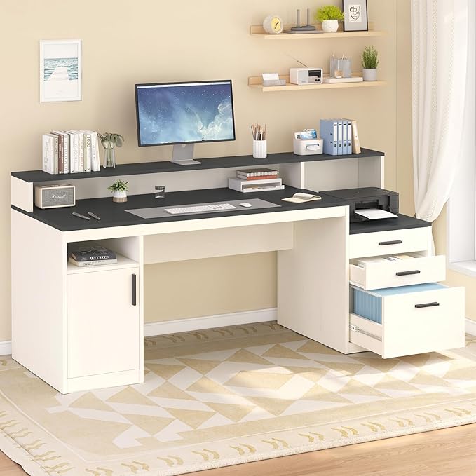 65 Inch Computer Desk with 3 Drawers &amp Storage Shelves Executive Desk with File Drawer &amp Cabinet Home Office Desk with Long Monitor Stand &amp Printer Shelf Black &amp White