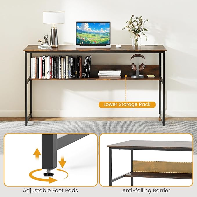 Giantex 55 Inch Computer Desk with Charging Station Gaming Desk with Storage Bookshelf Large Computer Workstation w/Heavy Duty Metal Frame Modern Study Writing Desk for Home Office (Rustic Brown)