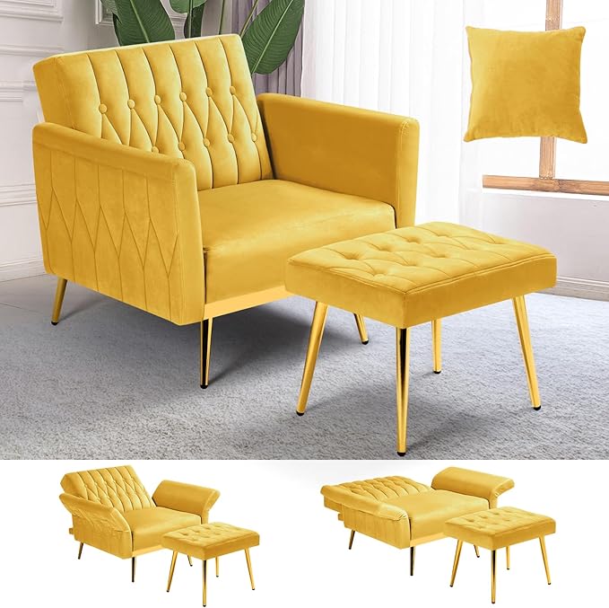 Velvet Accent Chair w/Adjustable Armrests and Backrest Button Tufted Lounge Chair Single Recliner Armchair with Ottoman and Pillow for Living Room BedroomYellow