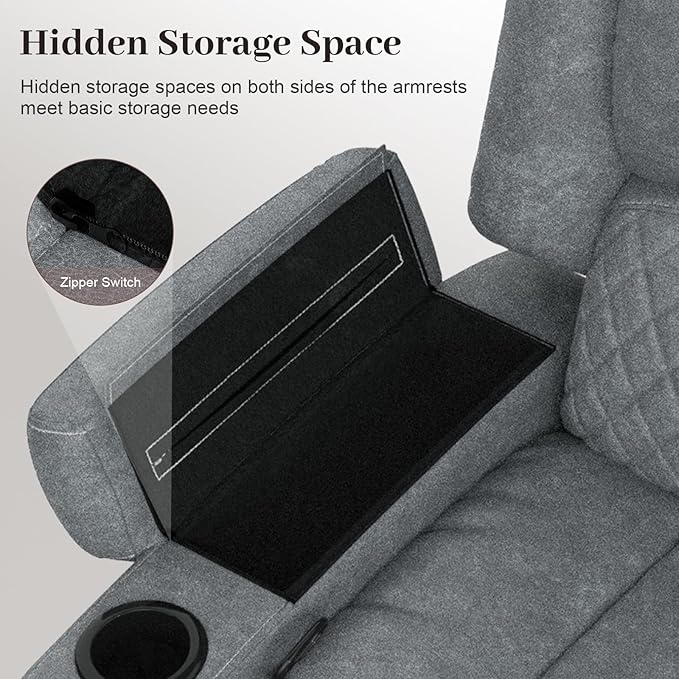 Recliner Sofa 3 Seater Manual Reclining Sofa with 2-Tier Cushion Reclining Couches for Living Room with Removable Console Hidden Storage Space Cup Holders - Gray