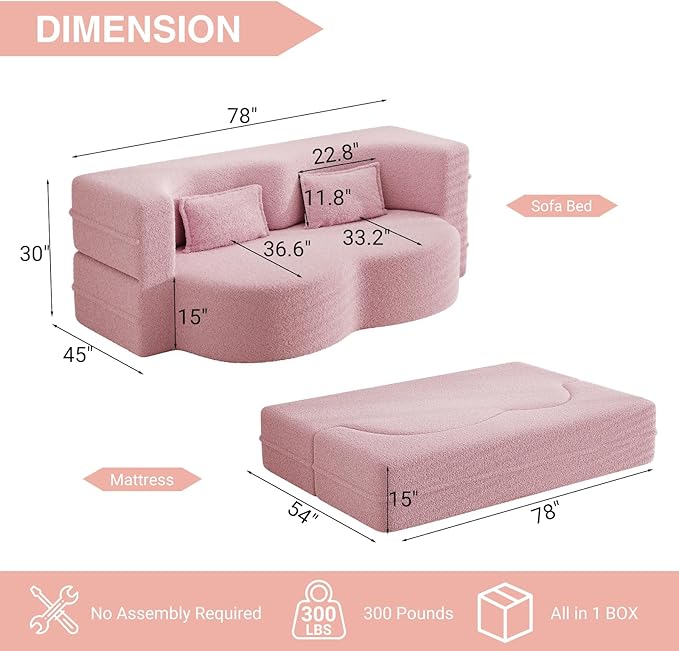 78 Convertible Folding Sofa Bed 2-in-1 Full Size Floor Boneless Couch Bed Loveseat sleeper Couch  Teddy Floor Sofa Memory Foam Sleeper SofaBed Small couches for small spaces No Assembly (Pink)