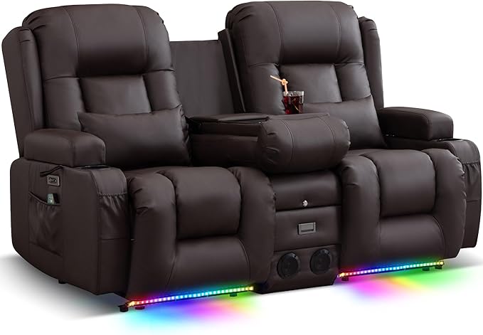 TUNYI Power Loveseat Recliner Sofa Faux Leather Reclining Sofa with Console RV Reclining Loveseat Couch with USB/Outlet/Storage/Side Pocket/LED Light/Speaker (Brown Loveseat)
