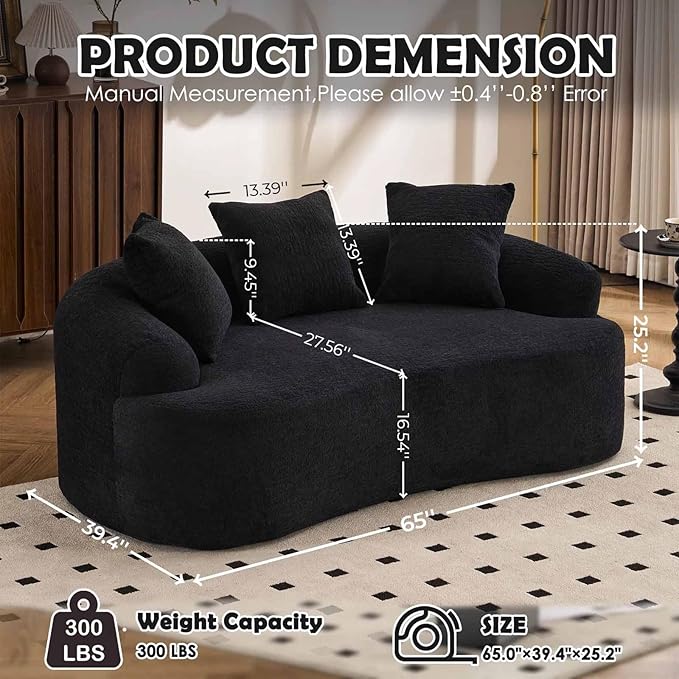 65” Black Curved Couch&amp Loveseat Sofa with 3 Pillows Compression Couch with Round Armrest Suitable for Small Space Bedroom Living Room Memory Foam Chenille No Assembly (Black)