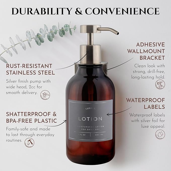 Shower Shampoo Dispenser Wall Mounted – 3 Refillable 16.9 oz Amber Bottles with Stainless Steel Pumps &amp No-Drill Adhesive Holders – Soap Dispenser Set for Bathroom (3 X Amber/Silver)