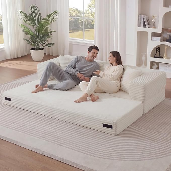 GNIXUU 78.7 Boneless Convertible Sleeper Sofa Bed 4-in-1 Folding Corduroy Futon Couch Bed Oversized Loveseat Modular Floor Mattress Couch for Living Room Bedroom Lounge No Assembly Beige