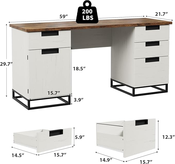 GarveeHome Farmhouse Executive Desk White Home Office Desk with File Drawer and Storage Cabinet 59 Computer Desks Wood Writing Desks for Bedroom Home Office White+Vintage/Black