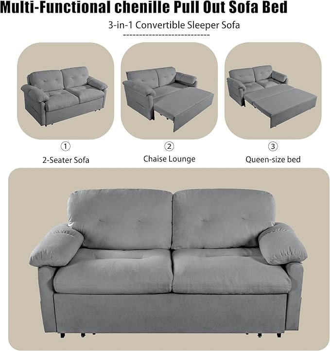 71.65 Convertible Pull Out Sofa Bed Queen Size 3-in-1 Convertible Sleeper CouchMulti-Functional Chenille Loveseat Sofá for Living RoomBedroomApartmentOfficeGray