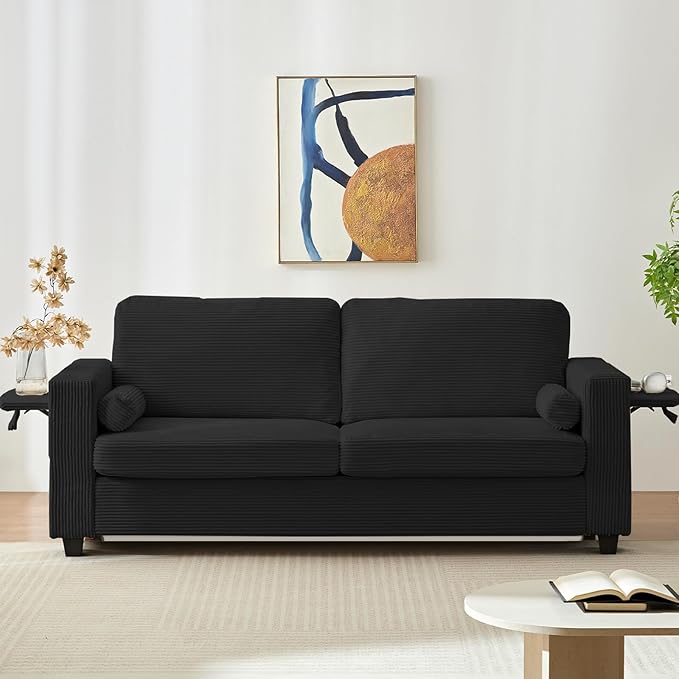 Mjkone 82 Width Queen Size Pull Out Sofa Bed Sleeper Couch with Pull Out Beds 2-in-1 Convertible Corduroy Loveseat Sleeper Sofa Couch Bed with Folding Mattress for Living Room Home Apartment Black