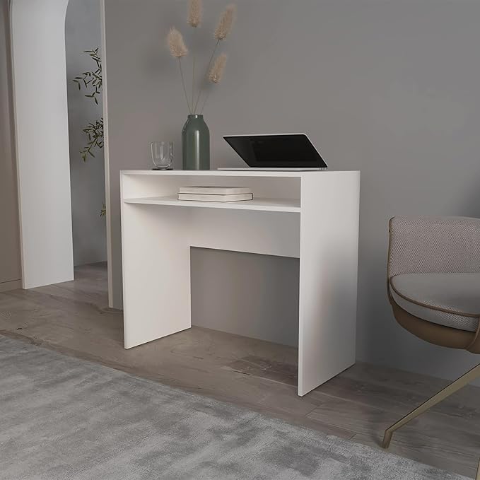 Penau White Desk with Storage Modern Melamine Office Desk Built-in Keyboard Space Ideal for Home Office 40.16 Inchs Wide Durable Minimalist Design
