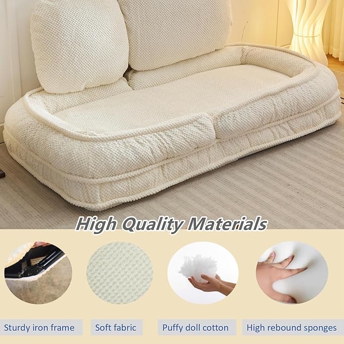 Foldable Lazy Sofa Bed Polyester Upholstered Human Dog Bed for Adults and Pets with 5 Adjustable Backrest Positions and 2 Soft Cushions for Living Room Bedroom Beige | Breathable Materials