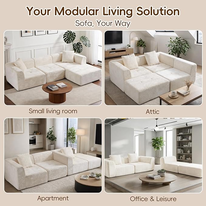 108 3-Seat L-Shaped Modular Sectional Sofa with Chaise Plush Velvet Cloud Couch - Comfy Deep Seat Boneless Couches No Assembly Required for Living Room Bedroom Beige