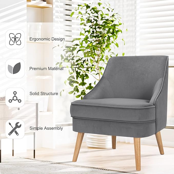 Giantex Velvet Accent Chair Mid Century Single Sofa Chair w/Rubber Wood Legs Comfy Slipper Chair Upholstered Armless Leisure Side Chair for Living Room Bedroom Meeting Room Grey