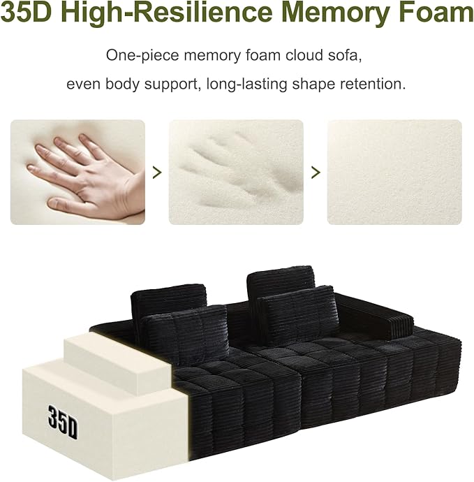 113 Modular Boneless Couch with 2 Movable Armrests Plush Corduroy Sectional Sofa Loveseat Ergonomic Memory Foam Straight-Row Cloud Couch for Living Room Bedroom Lounge Black