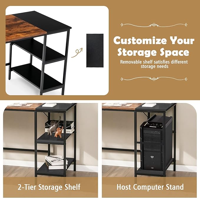 COSTWAY 55” Computer Desk PC Laptop Desk with Storage Shelves Large Computer Desk with Splice Board Adjustable Foot Pads Industrial Home Office Desk for Writing Study Game (Rustic Brown)