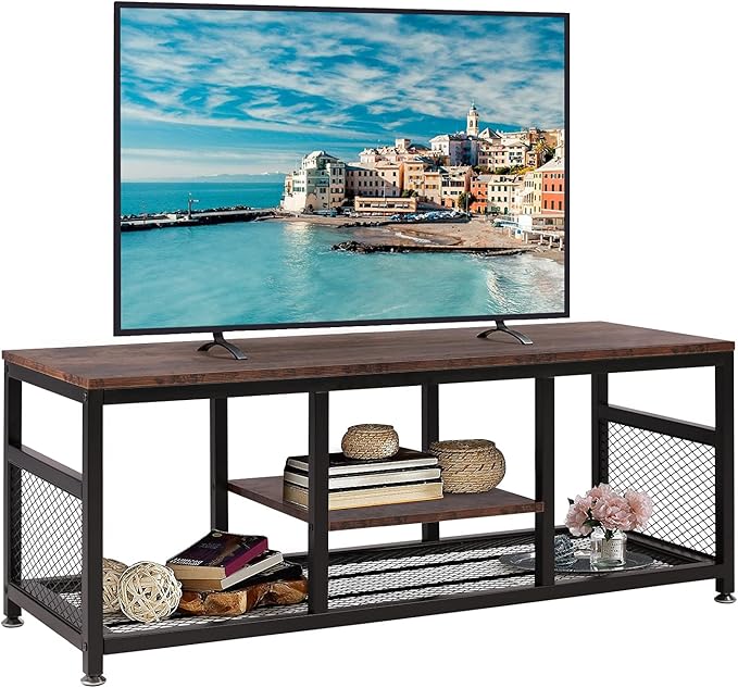VECELO TV Stand for 55 Inch Entertainment Center Media Console Table with Storage for Living Room and Bedroom 47 Inch Brown+Black