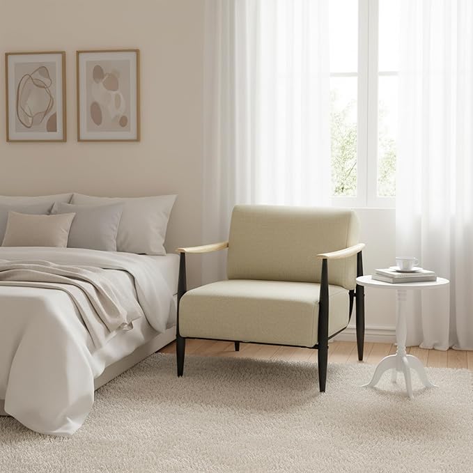 Homy Casa Mid-Century Modern Accent Chair with Fabric Upholstery Solid Wood Armrests and Sturdy Metal Frame Comfy Lounge Chair for Living Room Bedroom Reading Corner or Office (Beige-Oak)