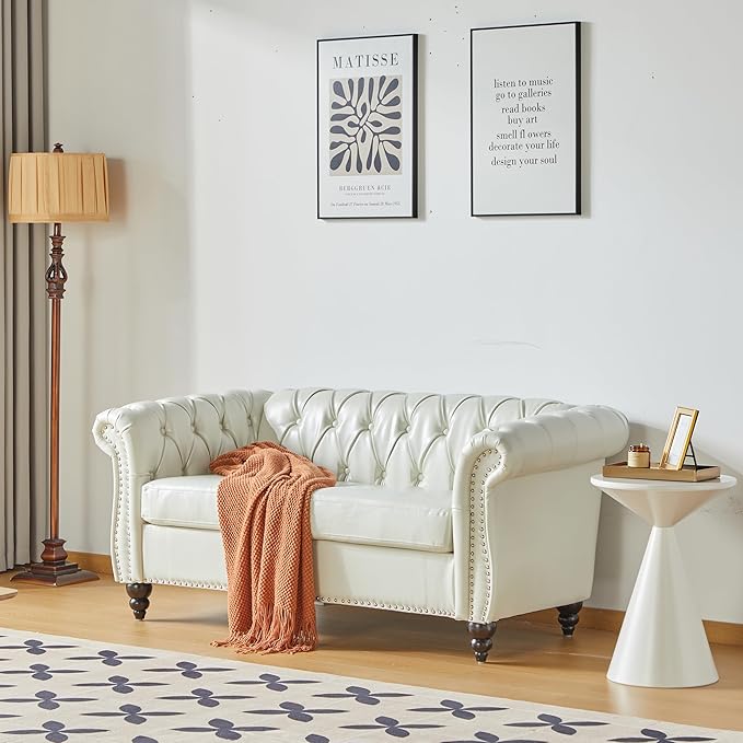 LEVNARY Leather Sofa Chesterfield Tufted Upholstered 2 Seater Couch Modern Loveseat Couch Classic Furniture for Living Room Bedroom (Cream White)
