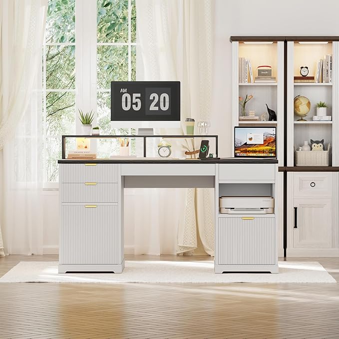 Fluted Desk with Drawers 63 Home Office Executive Desk with Lift Top Filing Cabinet Gaming Desk Charging Station Sensor Lights Computer Table with Monitor Stand White